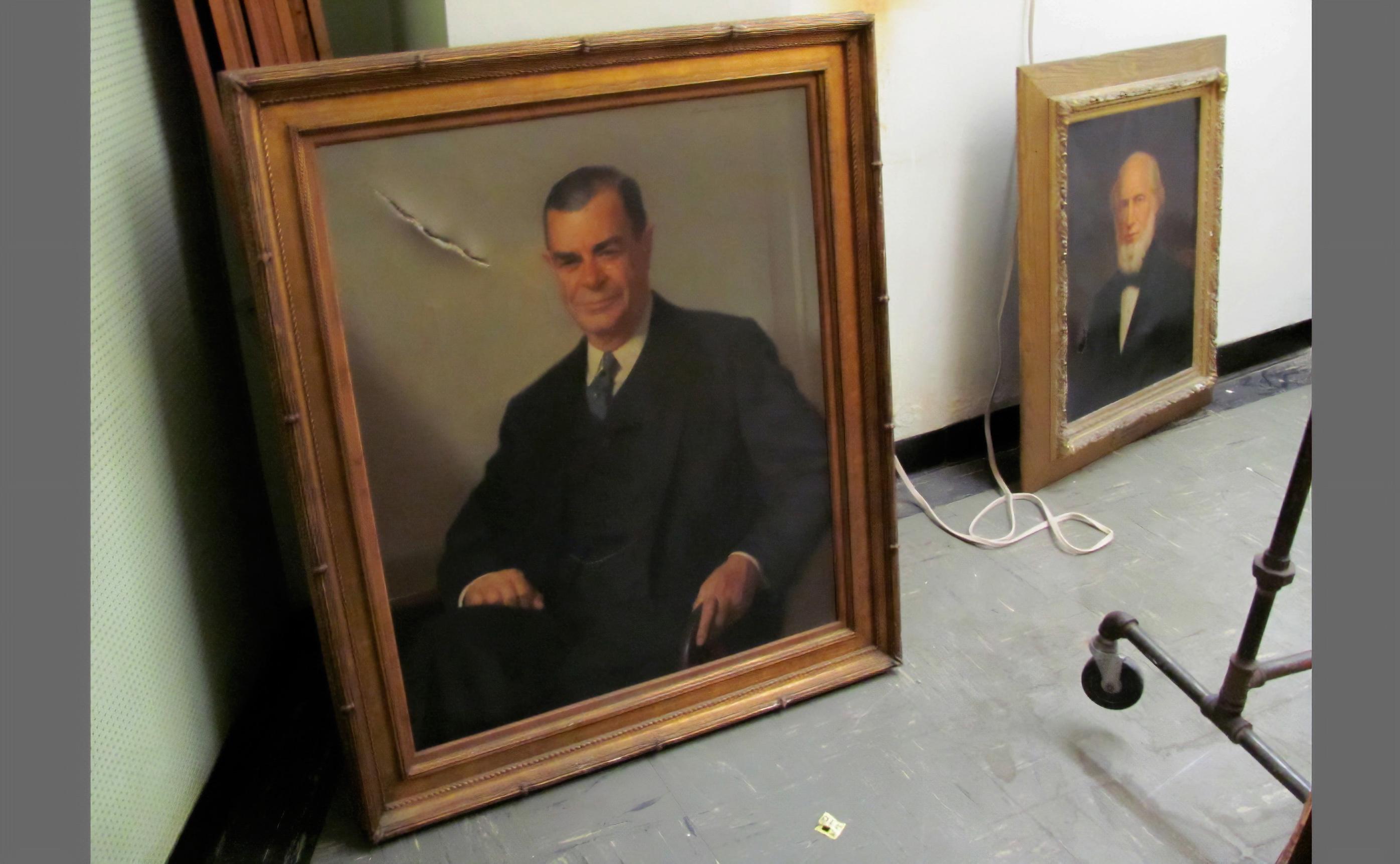 Portraits of Benjamin Strong and Fisher Howe as found in storage room at Union Theological Seminary, New York, 2012
