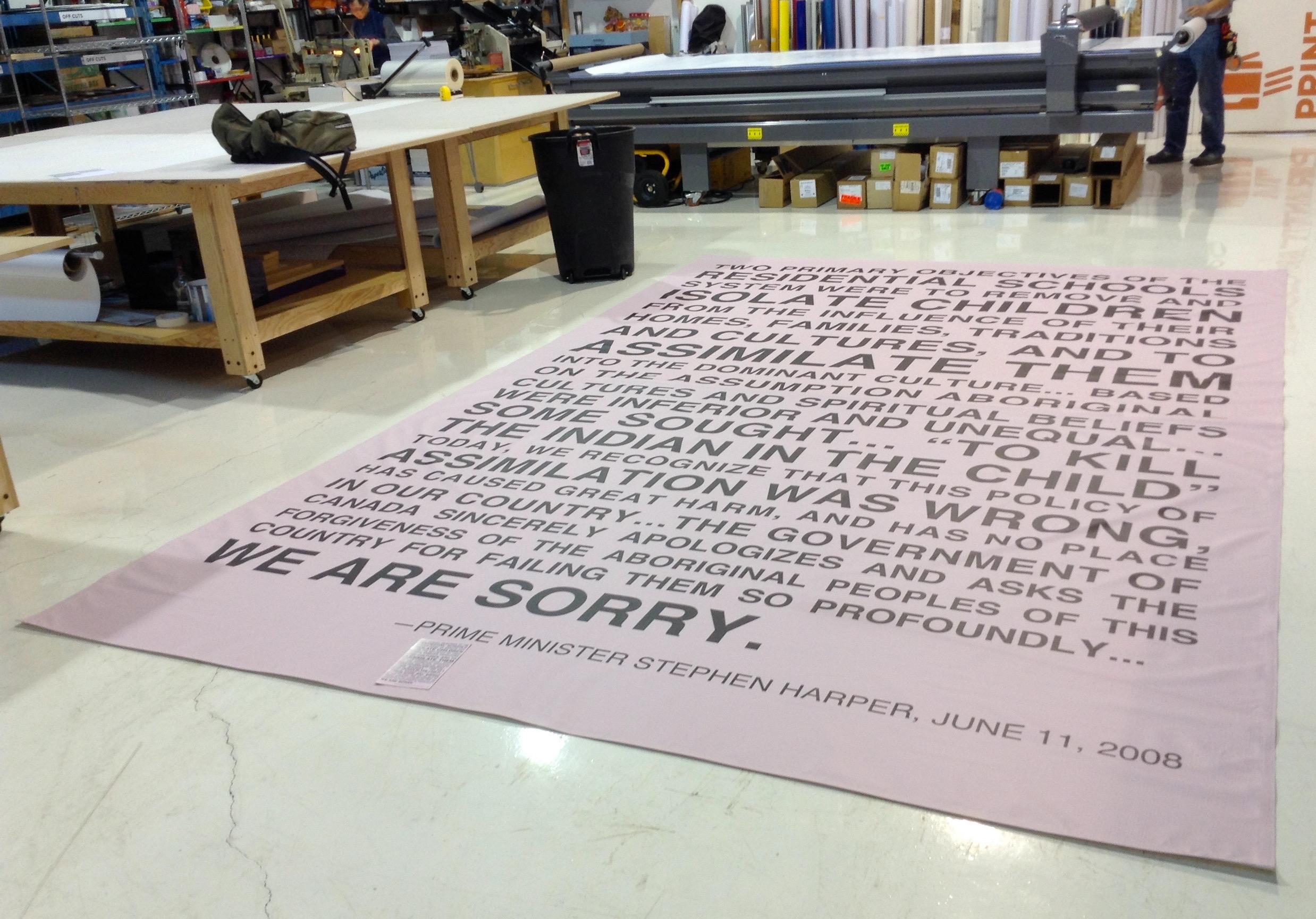 WE ARE SORRY panel, at time of production for Lalakenis/All Directions: A Journey of Truth and Unity, Belkin Art Gallery, University of British Columbia, 2016