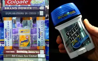 Two images side by side: the left is a flashy installation of self-help books and hygiene products like Aquafresh and Colgate tooth paste, and  Lady Speed Stick and Arm and Hammer Deodorant all stacked together, on the right a hand holds a Speed Stick 24/7 deodorant with a blue lid in a spotlight. 