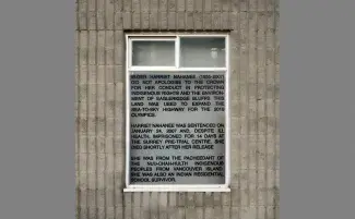Harriet Nahanee, vinyl lettering on window, 132cm x 112cm, VIVO, Vancouver, 2010