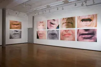 Two white gallery walls are filled by a grid of 10 large photographic prints of mouths. These closely cropped images are blown up large so the individual dots in the halftone pictures show. Each mouth is frozen mid-expression; mid way through a word, just about to speak or pursed shut in a word swallowing frown. The rest of the room and sprawling shiny hardwood floor is vacant.
