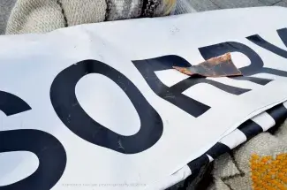 WE ARE SORRY, vinyl fragment in collaboration with Beau Dick and Awalaskenis II, 2014