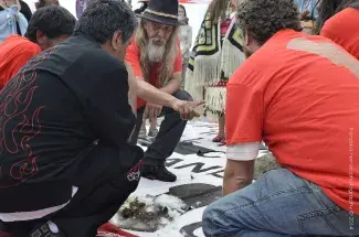 WE ARE SORRY, vinyl fragment, in collaboration with Beau Dick and Awalaskenis II, journey Bella Bella to Ottawa, 2014