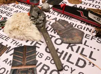 WE ARE SORRY panel, detail, in Lalakenis/All Directions: A Journey of Truth and Unity, Belkin Art Gallery, University of British Columbia, 2016