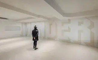 A woman wearing all black, with her grey hair up in a bun, stands in an empty room facing a large wall. Painted on the wall in large floor to ceiling block letters in white and off-white are the words I WONDER. The off-white shadows the lettering making it almost jump off of the wall towards her. 