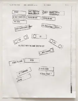 A scanned document holds scattered rectangles. Words push the rectangles borders saying: weiner, Art Gallery of Nova Scotia, Garry Neil Kennedy, 297 West Fourth str. Tel 212 929 2355. Fax 212 929 0628. NYC 10014. 28 January 2000. Dear Garry/Cher Garry. Time. Do. Fly. All built with the same erestor set. Bon Chance. Kisses to Jane. & you. Je t’embrasse. & Alice aussi.