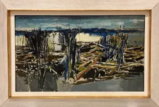 Mossy logs lay mixed up between shore and water. Paint strokes relay directional confusion between standing trees, fallen logs and the surrounding setting. Royal blue water meets lightly clouded sky in the background of this wooden muddling. 