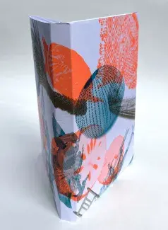 A white paper bound book stands up partially opened, showing its spine. Blue, orange and grey risograph printed images wrap around the cover in a scattered pattern: an electric orange slice of quince, a fragment of carpet, a tortoise; a teal sea urchin shell and some clover; a grey pine branch and a wooden kitchen chair. Mingling images and subjects.