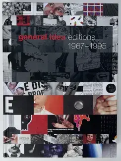  Small square images cascade in stacked rows across the front cover. There are grayscale images of news clippings, a moustached face, some test tubes and a pair of doey eyes staring straight at you. There are also a few images in colour interspersed in the grey tones: a sheet of red and blue General Idea AIDS stamps, green, red and blue AZT pills, and two rosy cheeked boys tucked into bed. The title General Idea editions 1967-1995 is written in red and white sans serif font across the top third of the book