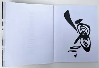 An open book, the left page is blank legal paper, the right is a xeroxed sinuous shape in black ink, a collection of elongated bubble brush strokes and wavy concentric circles like ripples on a pond or echoes of sound. 