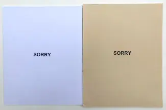 Two paper books lay side by side, both slightly larger than a legal pad. The one on the left is white paper and the one on the right is a caramel colour. Both covers are plain with only the title SORRY in black sans serif capitals printed in the centre. 